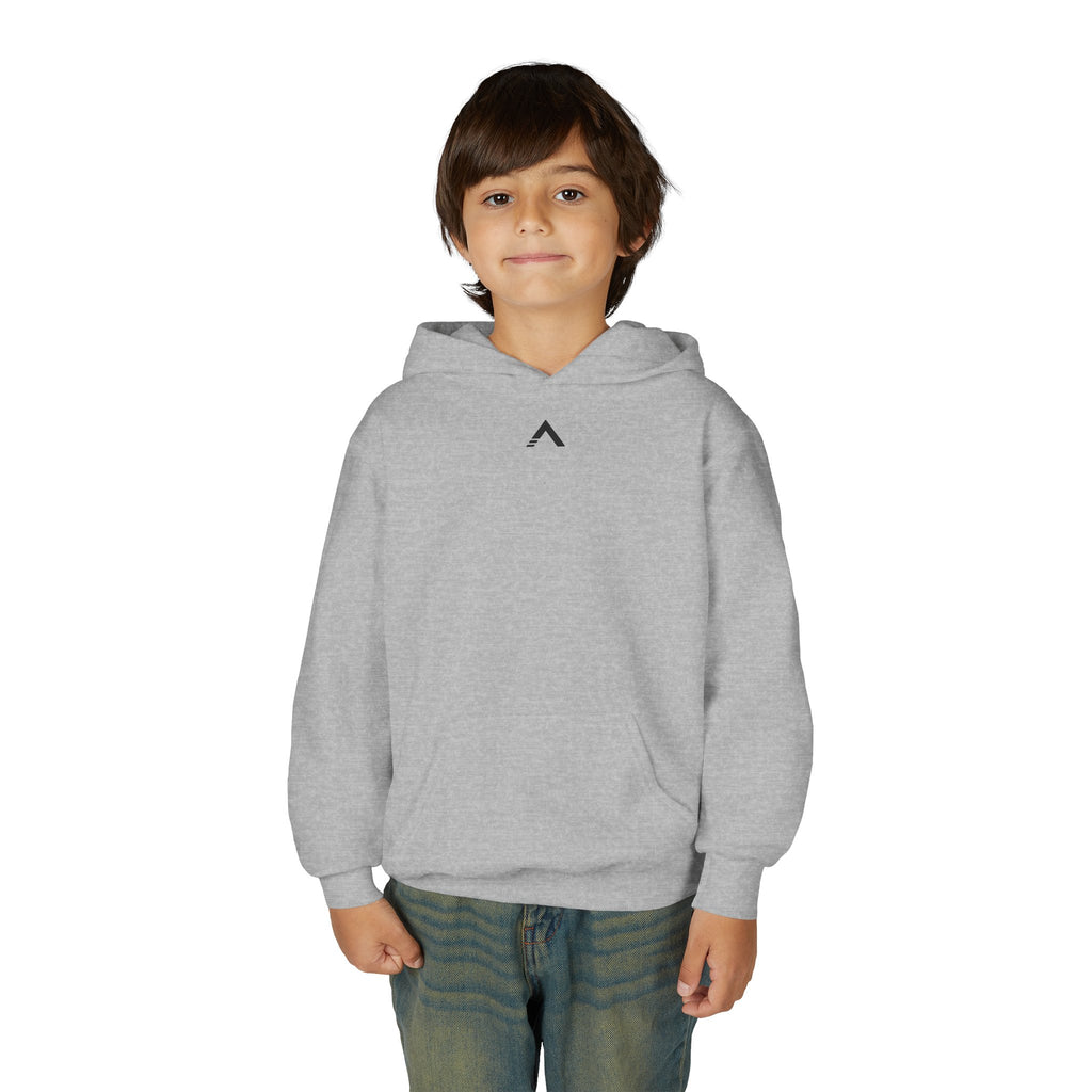 Child wearing a gray hoodie with logo on a white background
