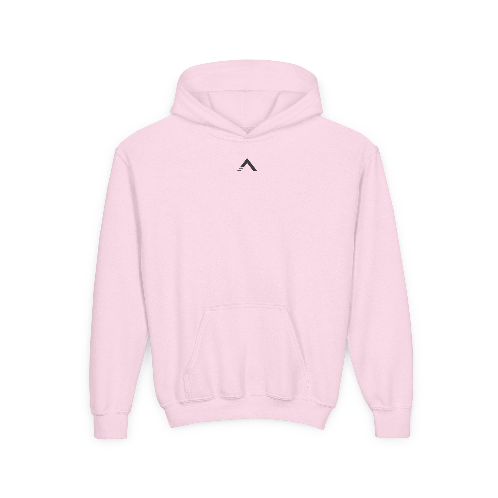 Pink hoodie with a black logo on a white background