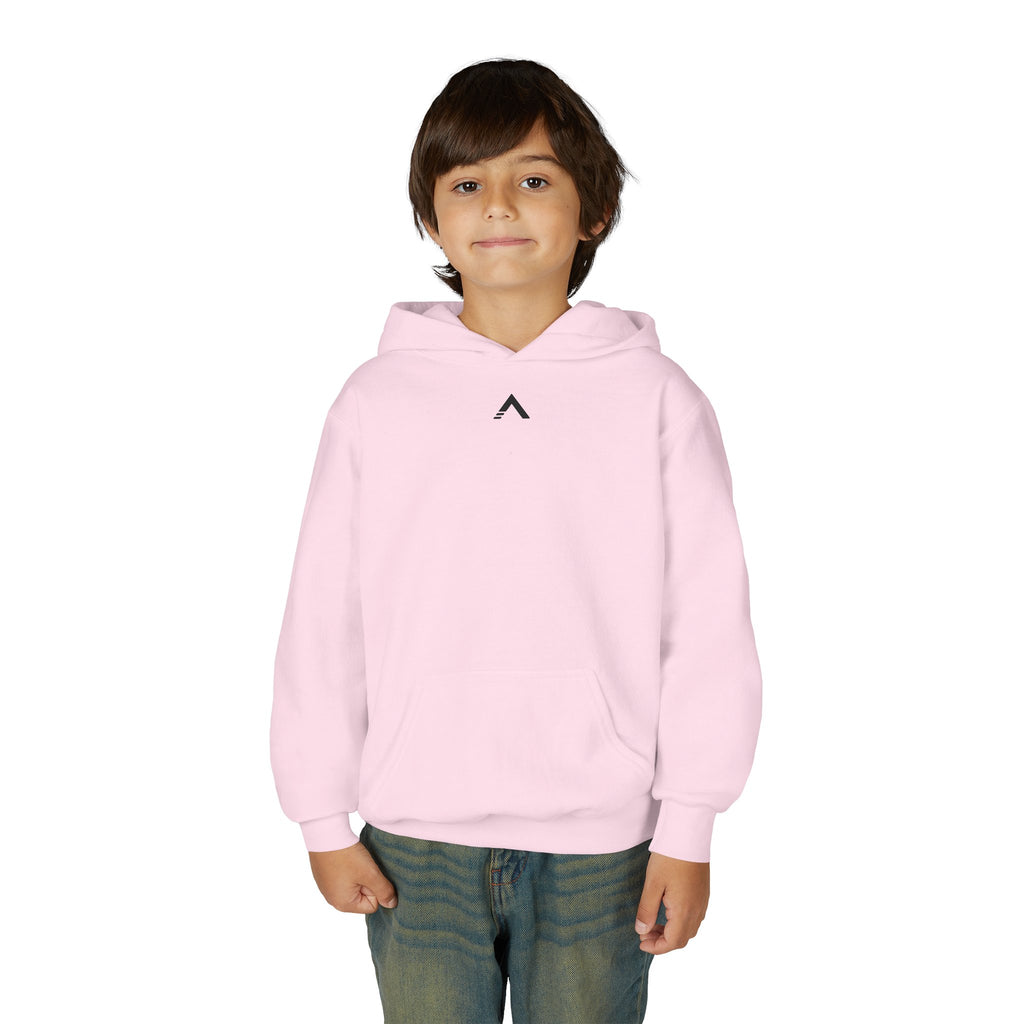 Child wearing a pink hoodie with logo on a white background