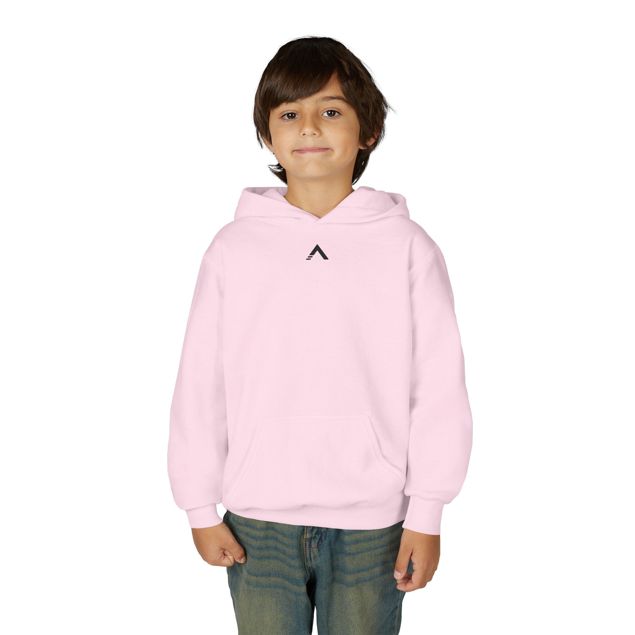 Child wearing a pink hoodie with logo on a white background