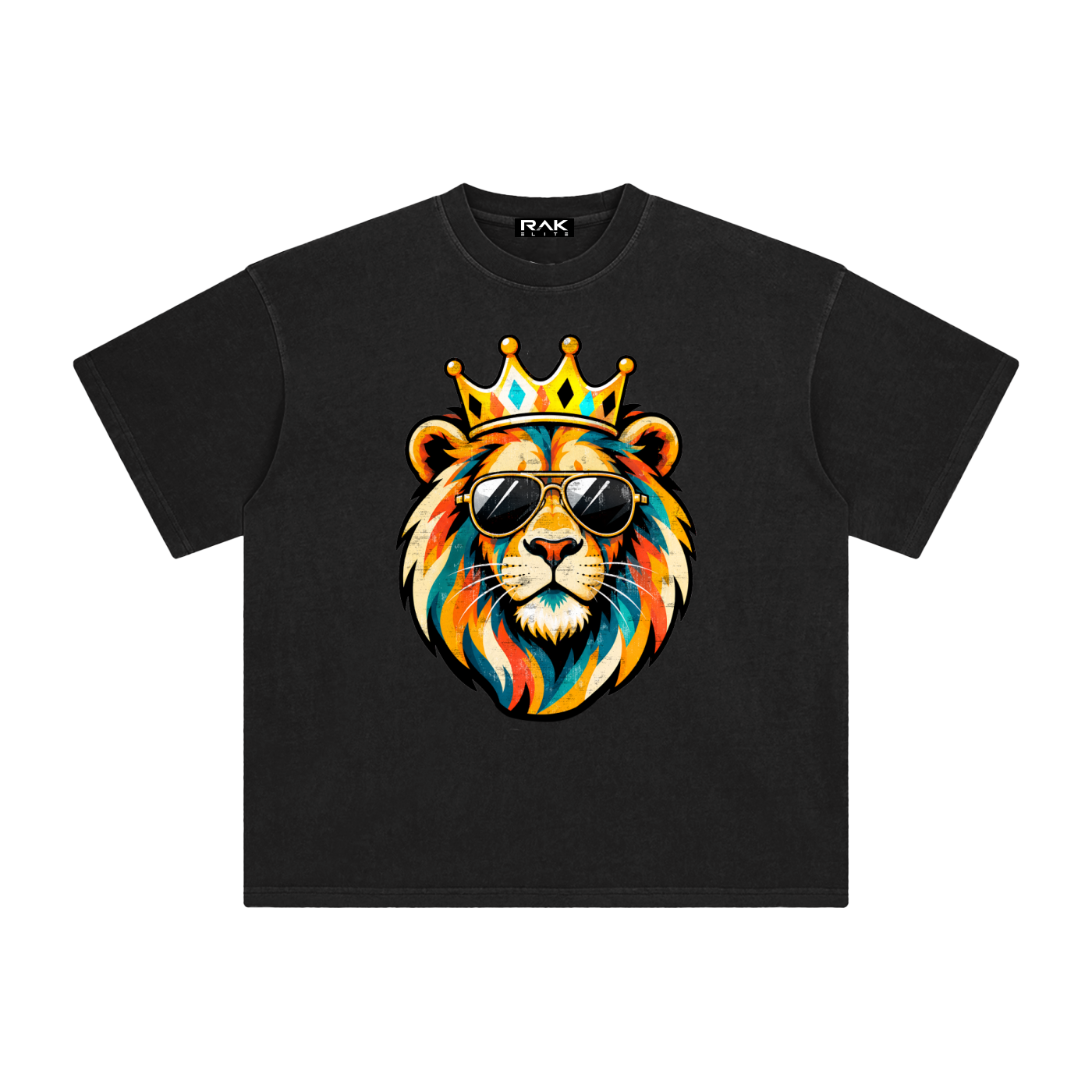 Black t-shirt with a colorful lion graphic wearing sunglasses and a crown on a white background