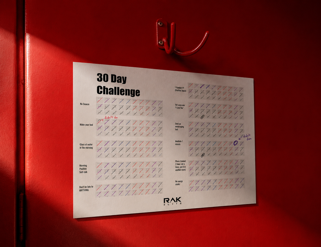 30 Day Challenge calendar on a red wall