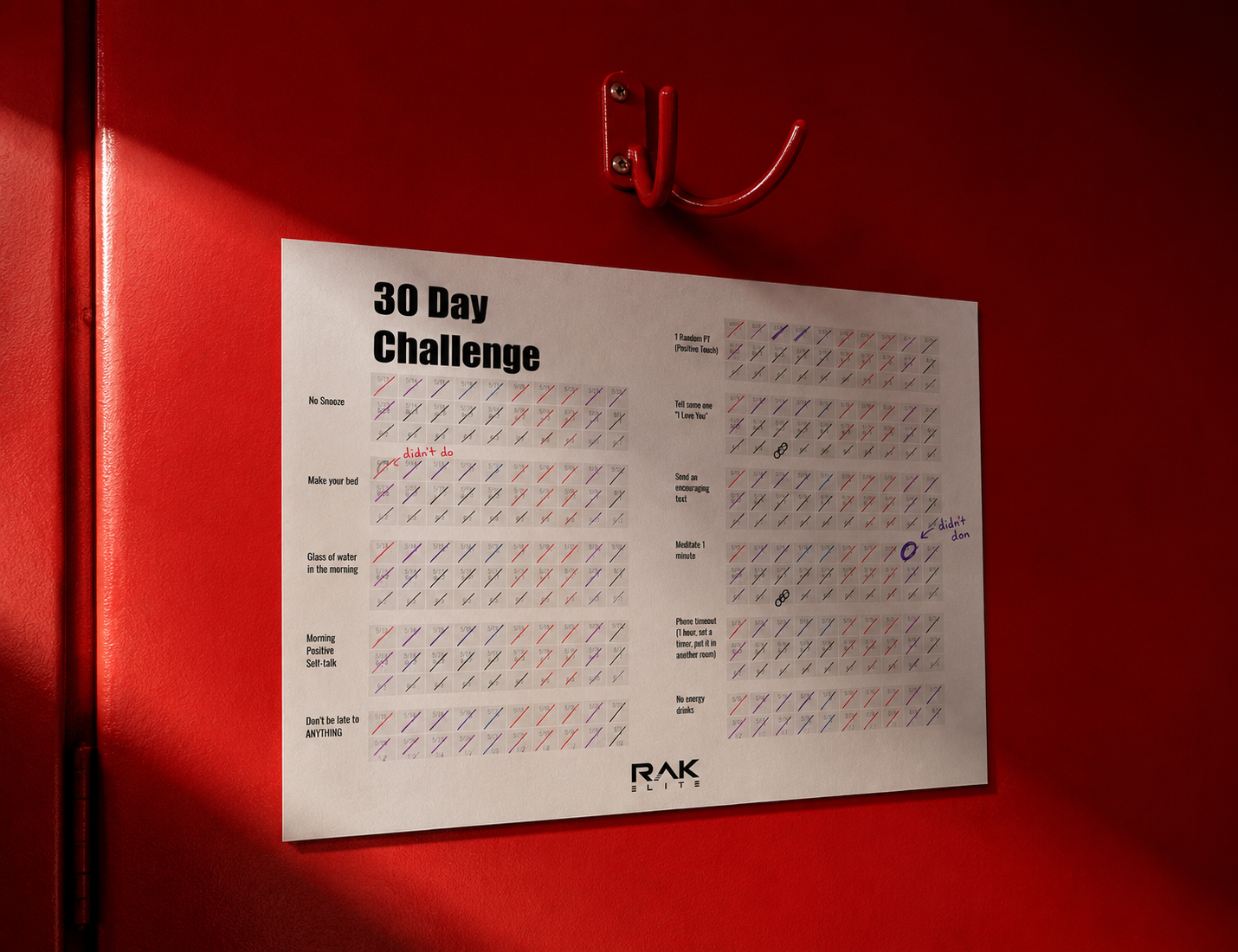 30 Day Challenge calendar on a red wall