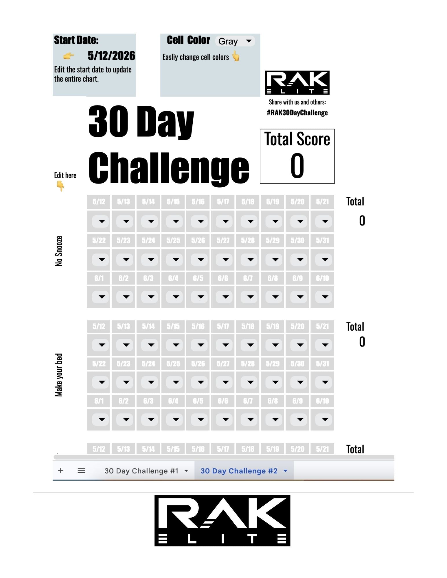 30 Day Challenge tracker with RAK Elite branding on a white background