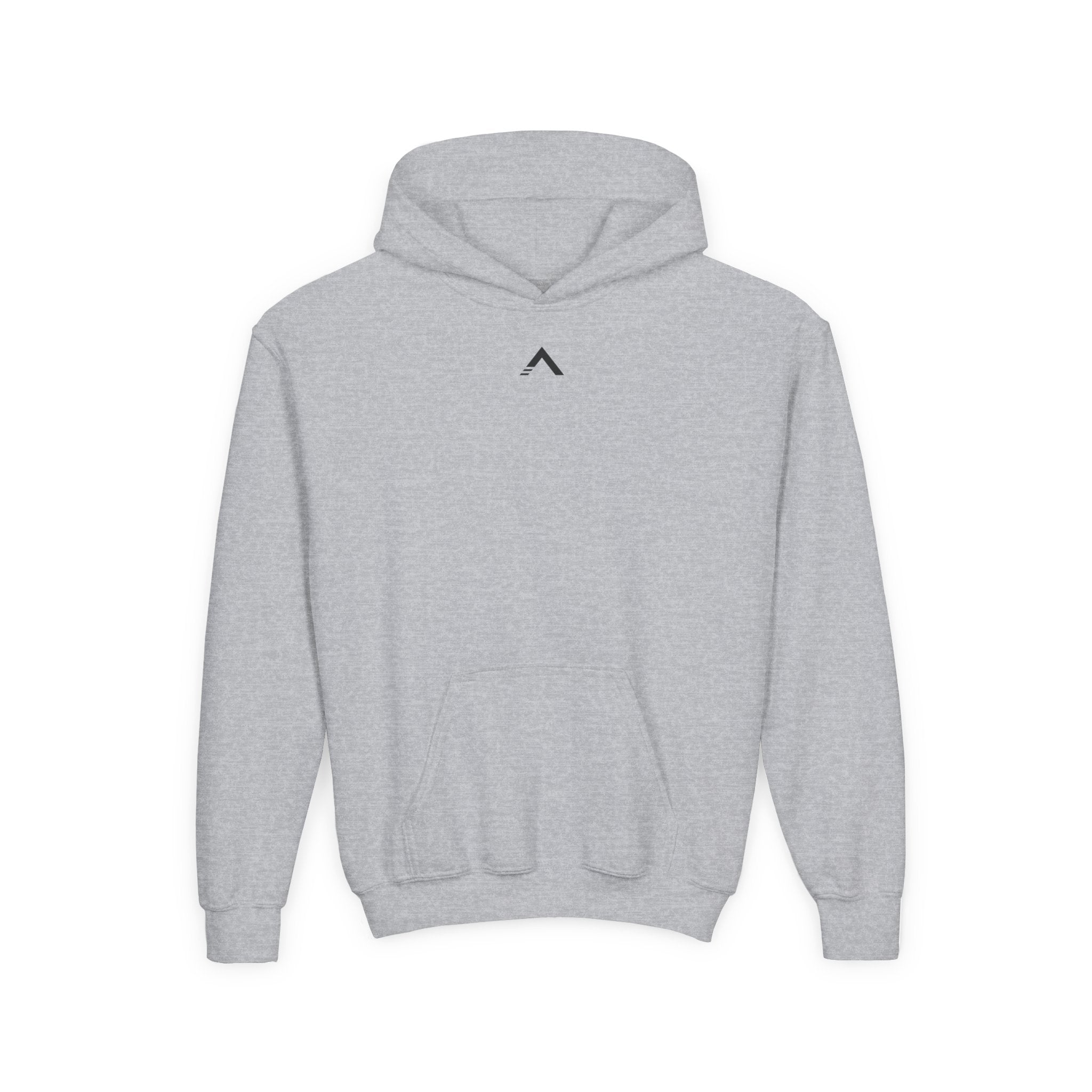 Gray hoodie with logo on it against a white background