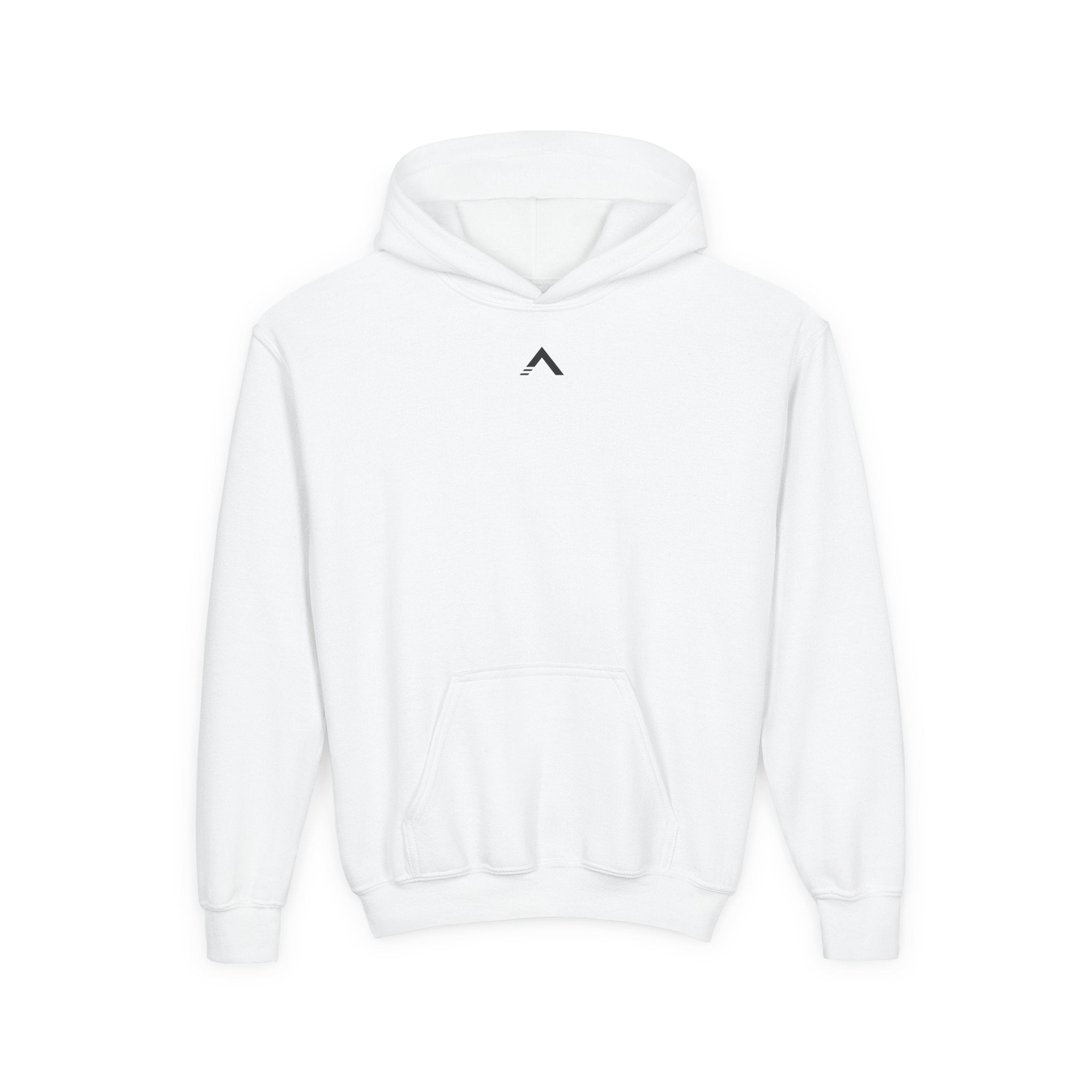 White hoodie with black text on a white background