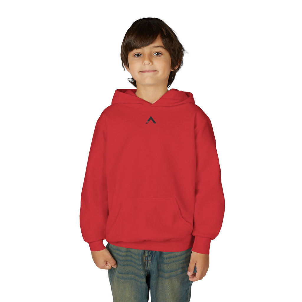 Child wearing a red hoodie with logo on a white background