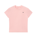 Pink t-shirt with a small black logo on a white background