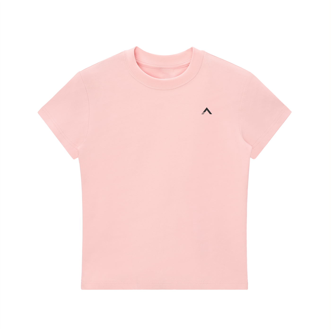 Pink t-shirt with a small black logo on a white background