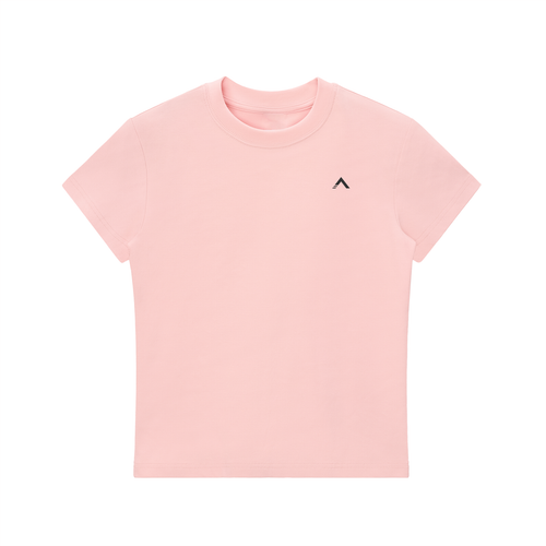 Pink t-shirt with a small black logo on a white background