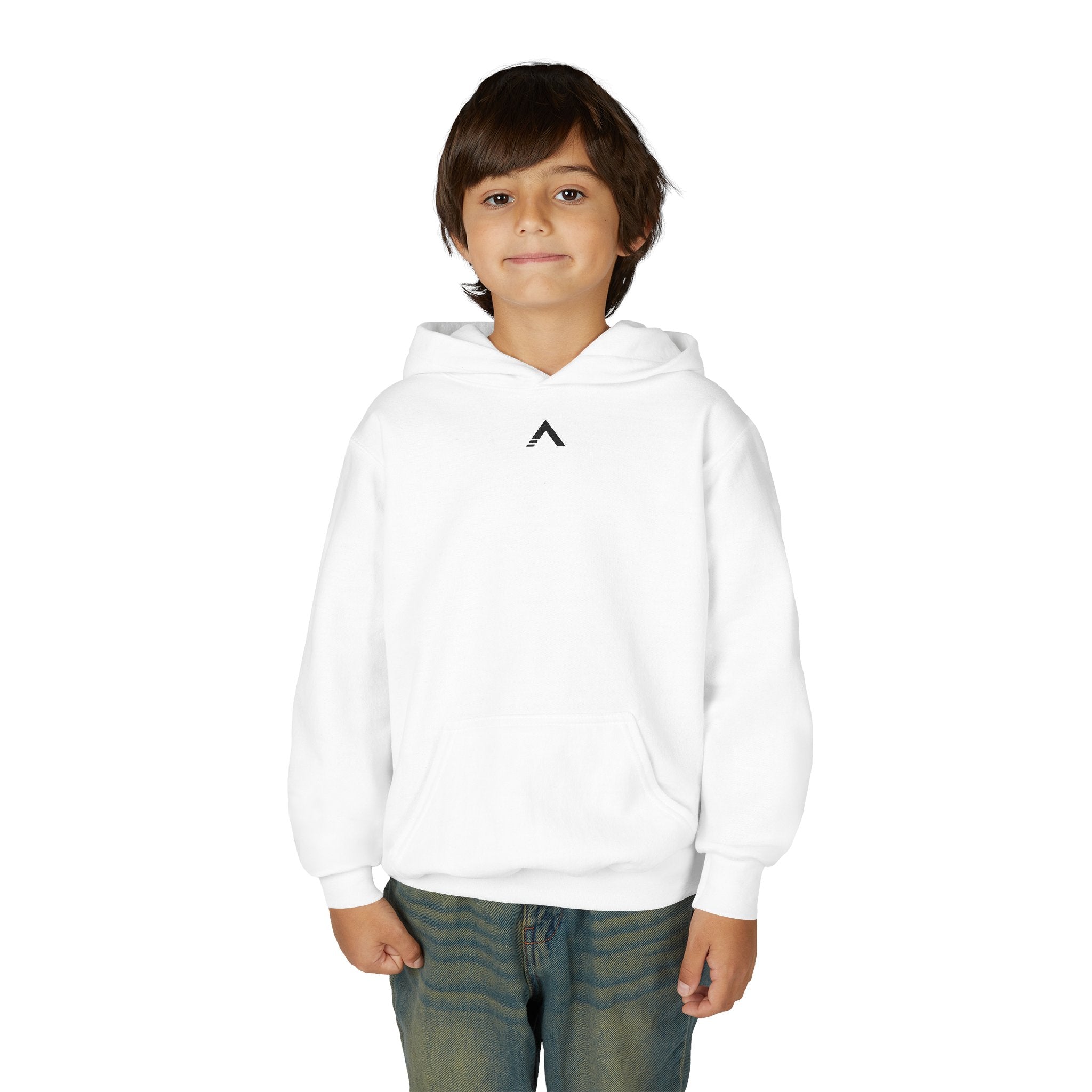 Child wearing a white hoodie with a logo on a white background