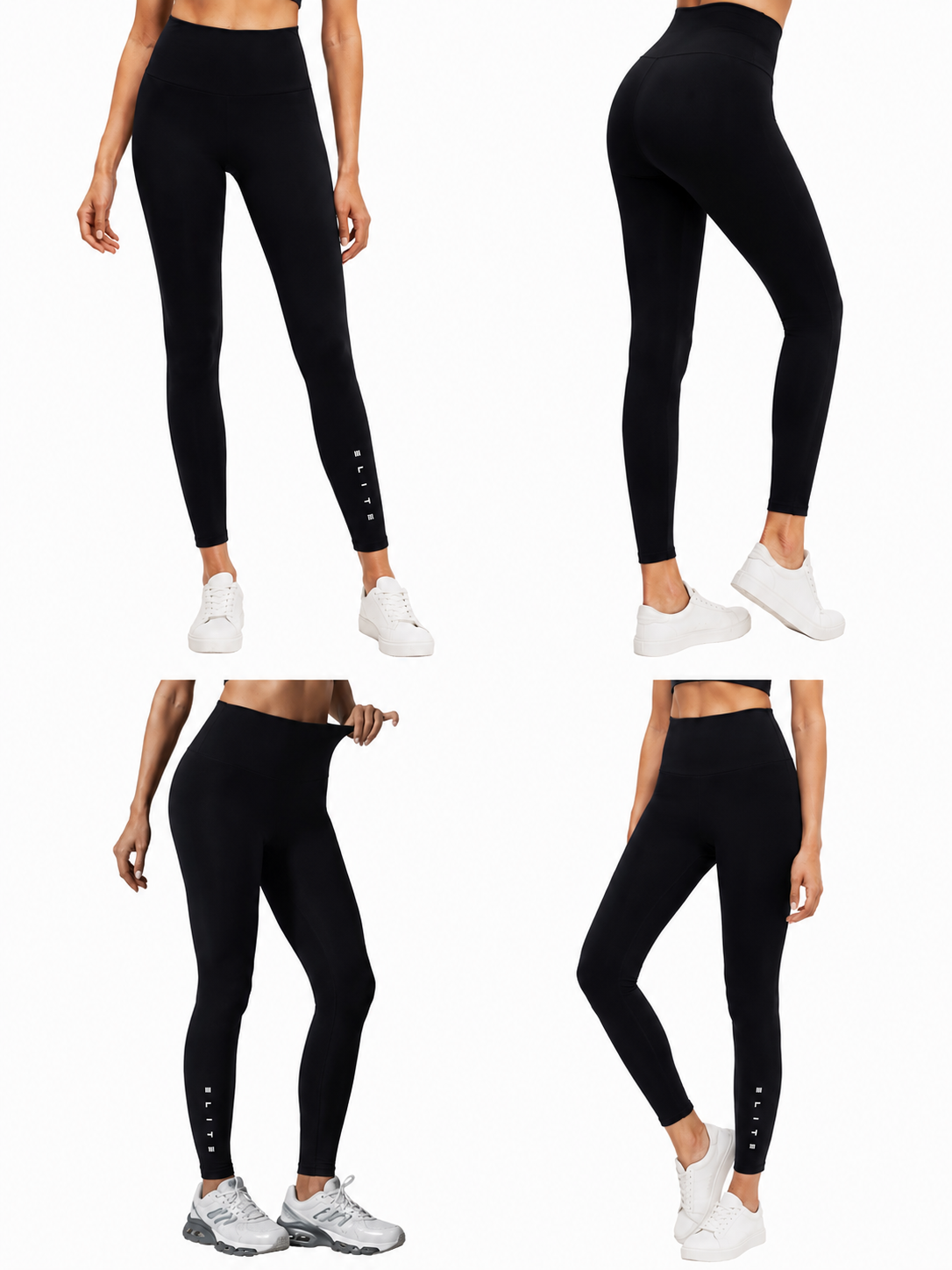 Black leggings with white accents worn by a person on a white background