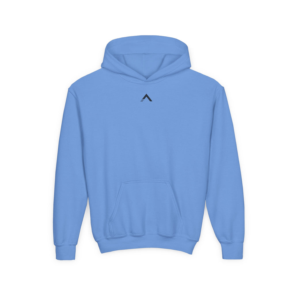 Light blue hoodie with a brand logo on a white background