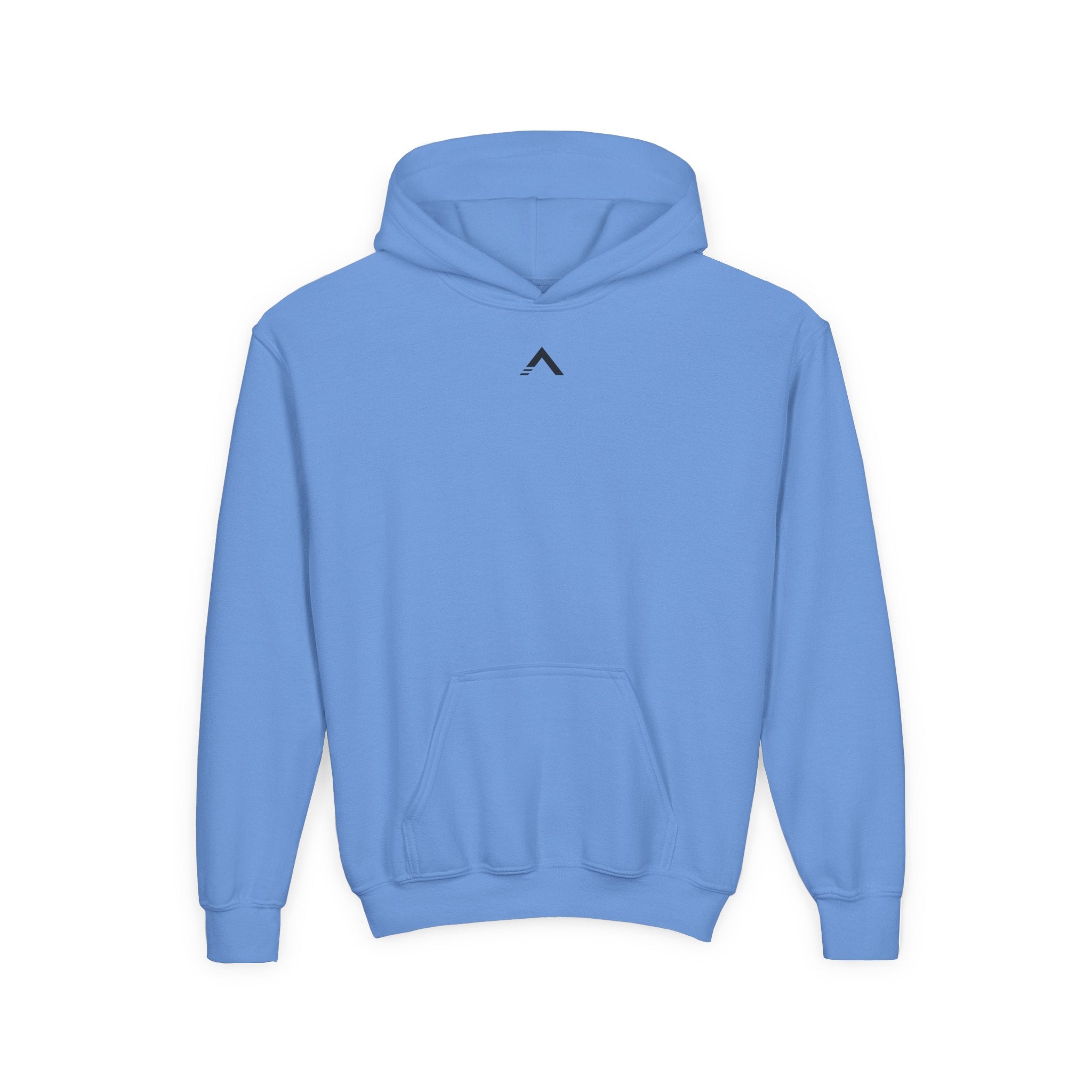 Light blue hoodie with a brand logo on a white background