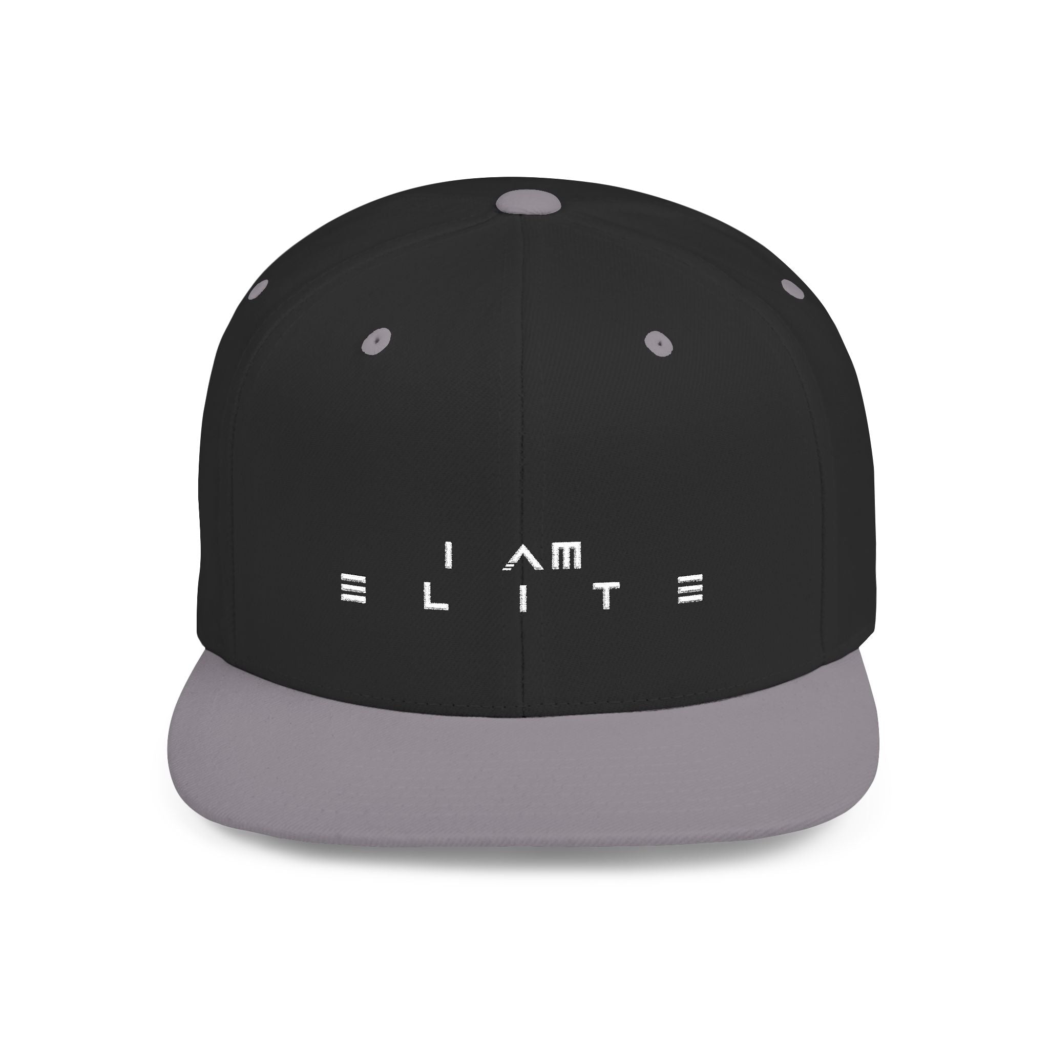 Black and gray cap with 'I AM ELITE' text on a white background