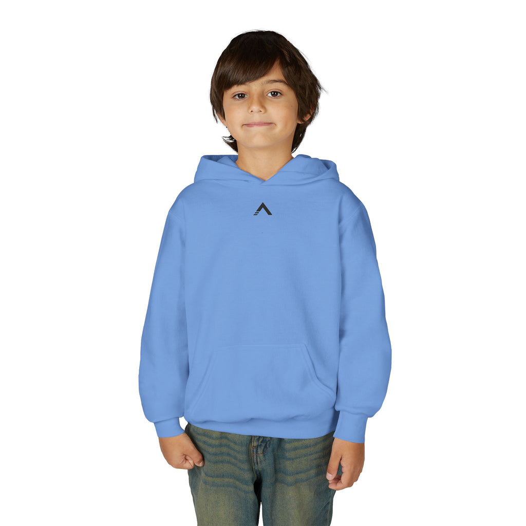 Child wearing a blue hoodie with logo on a white background