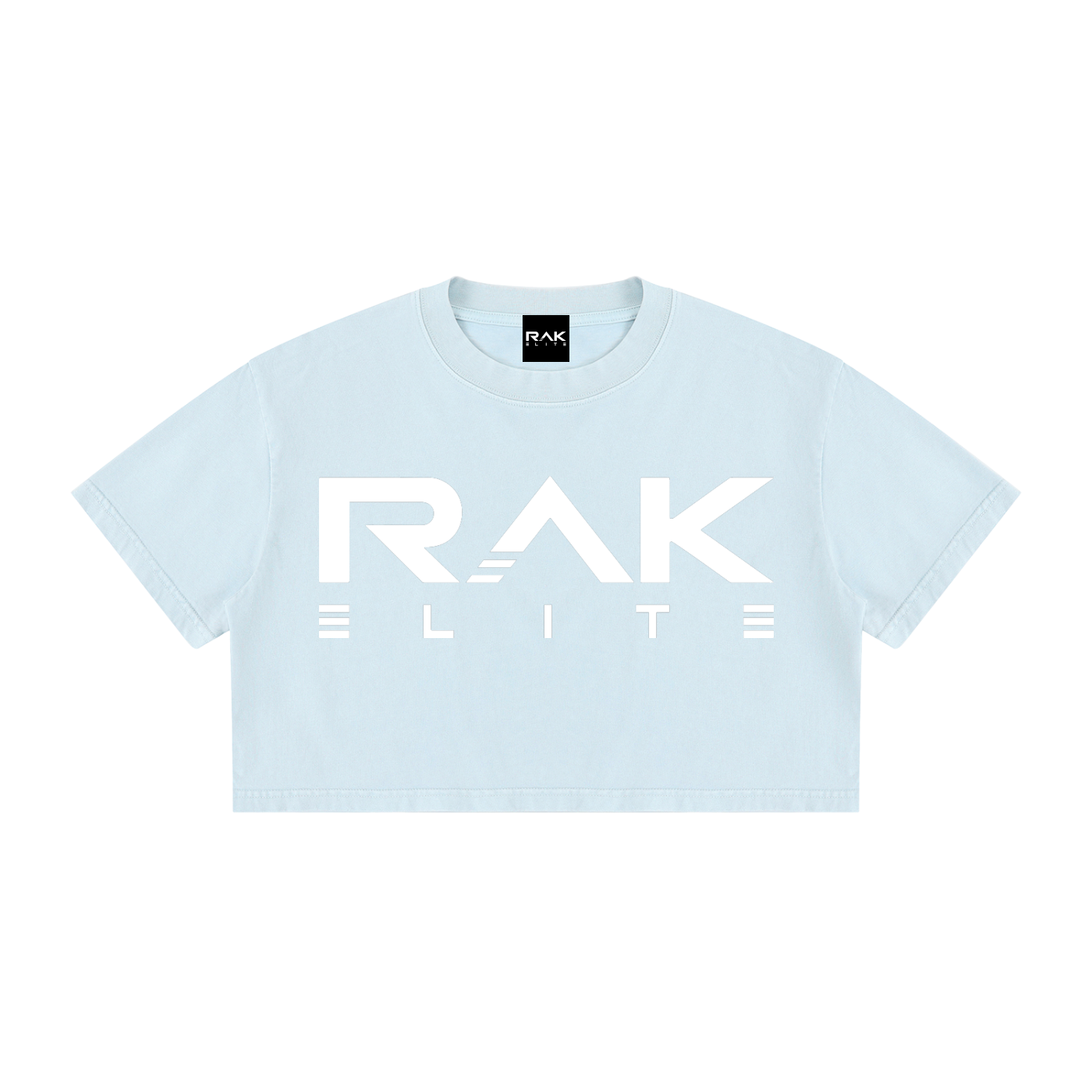 Light blue crop top with 'RAK Elite' logo on a white background