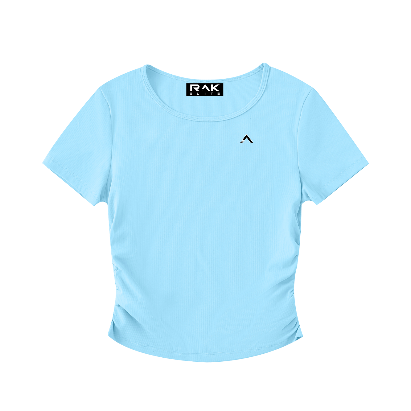 Light blue t-shirt with a small logo on a white background