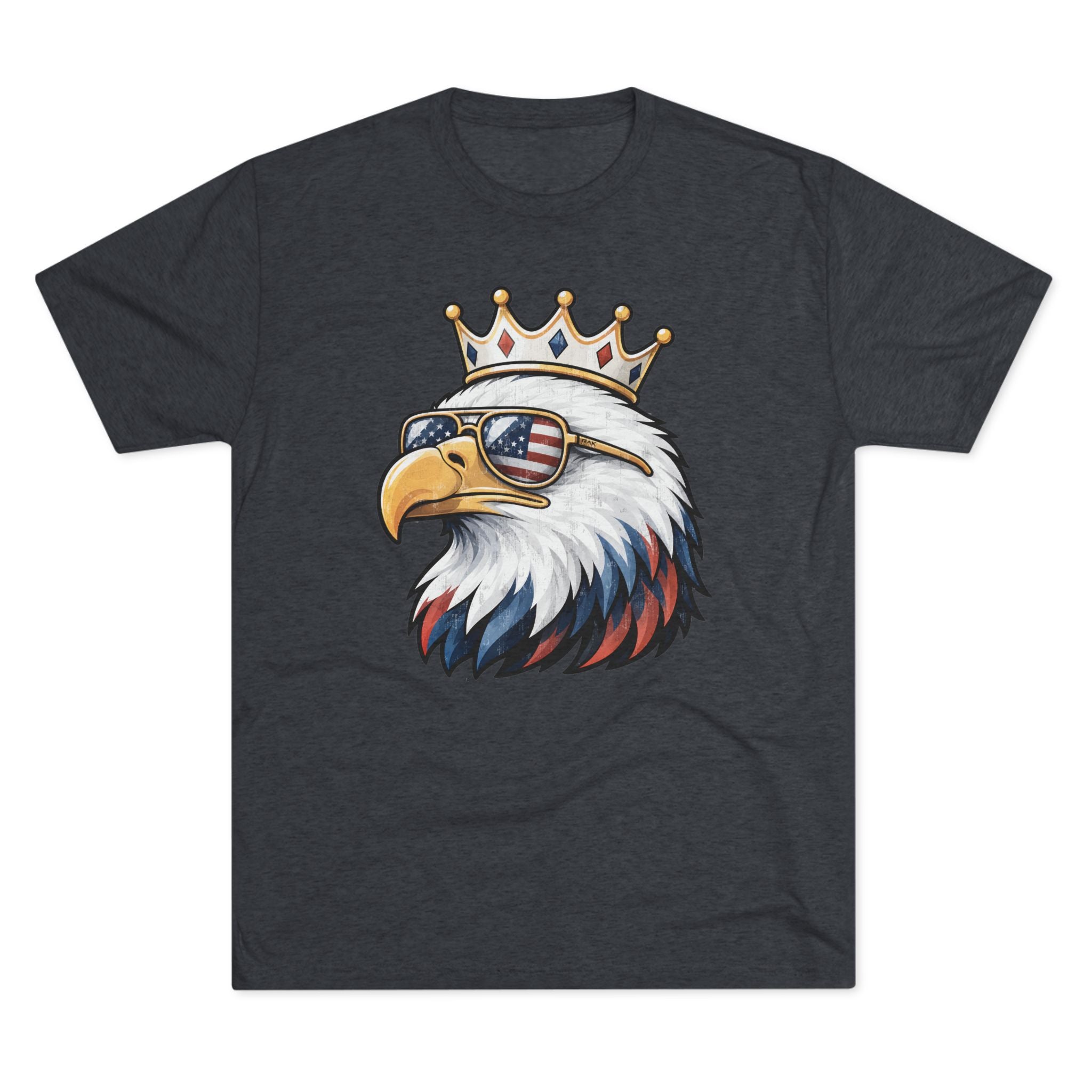 Dark gray t-shirt with an eagle design wearing sunglasses and a crown on a white background