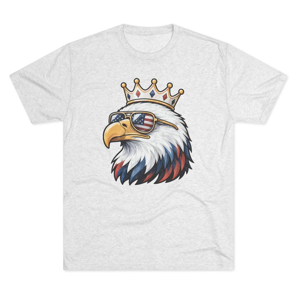 White t-shirt with an eagle wearing sunglasses and a crown design on a white background